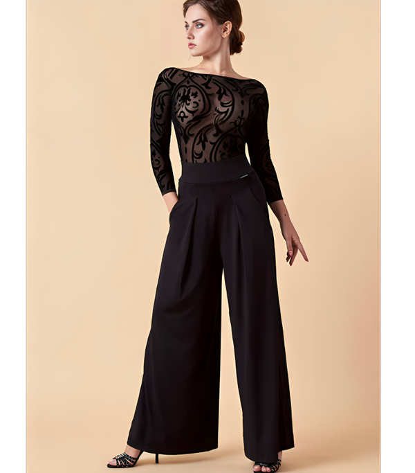 Pantalon De Danse Latine Femme Qsuccua - Taille élastique, Fente Longue, Tissu Cristal Et Maille Pour Un Drapé élégant