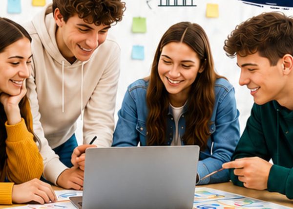 Grup de adolescenți la laptop pentru cursul Antreprenor Jr.